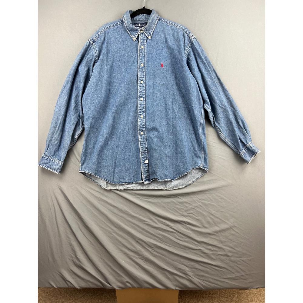 Ralph Lauren Denim Shirt Mens XL Long Sleeve Button Down Blue Red Pony Good